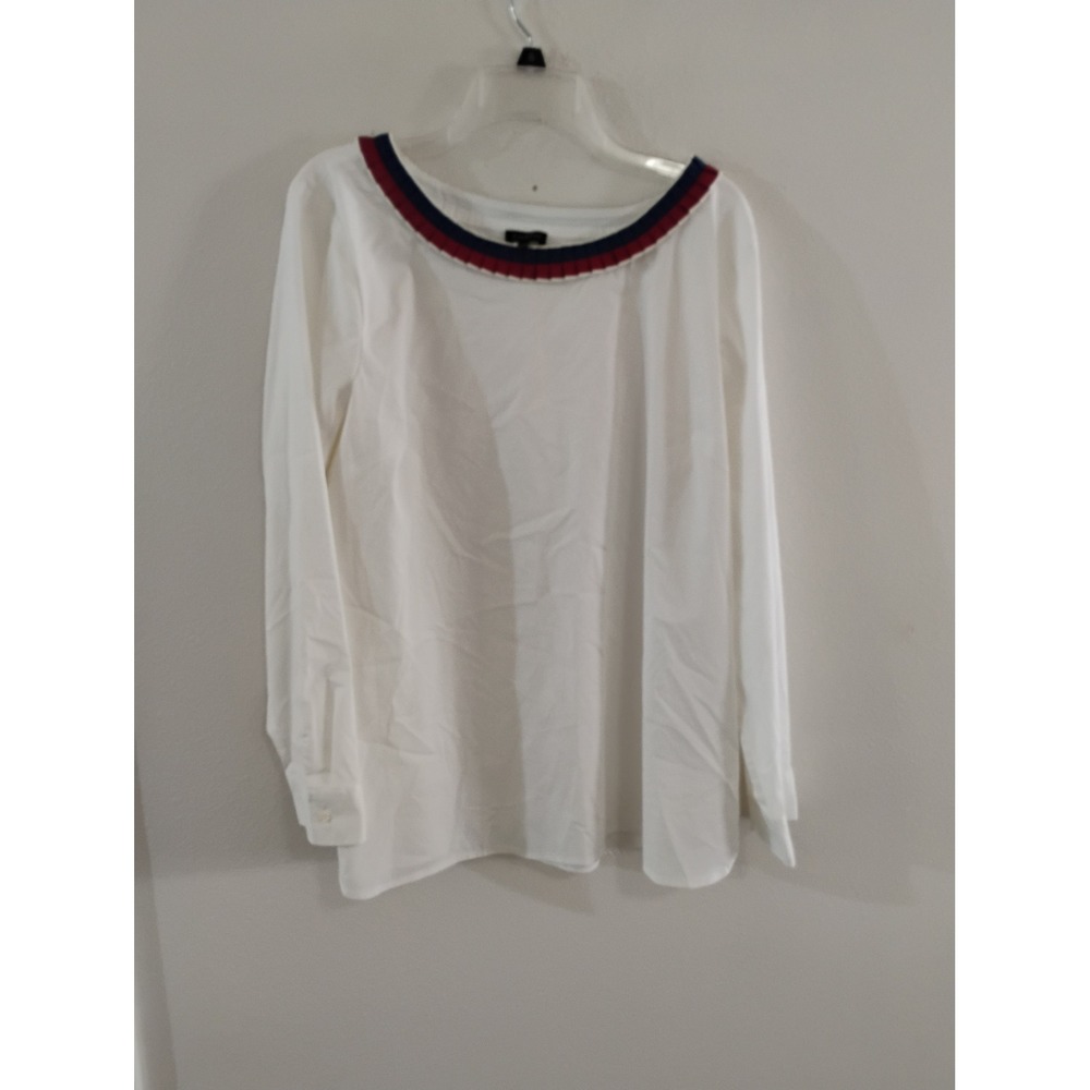 Talbots Womens XL White Long Sleeve Blouse Red Navy Blue Pleated Trim Neckline